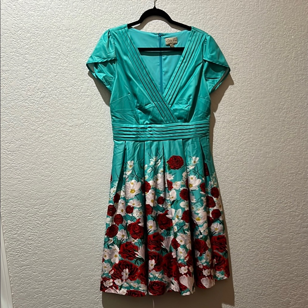 Lindy Bop Floral Teal and Red Women's Dress
